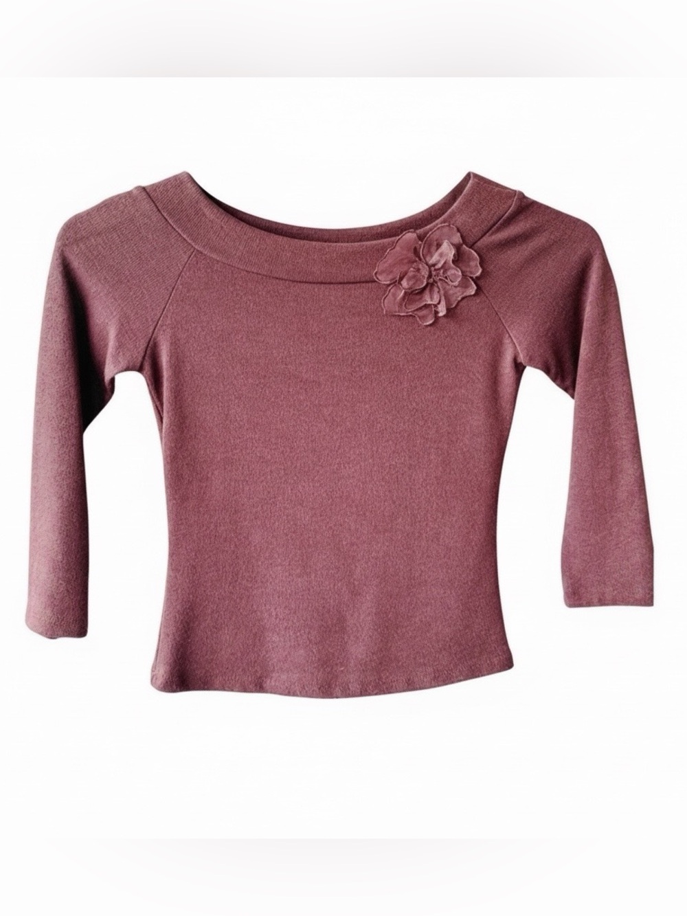 One Heart Wide Crewneck Sweater w/ Flower Embellishment. Brown. Small